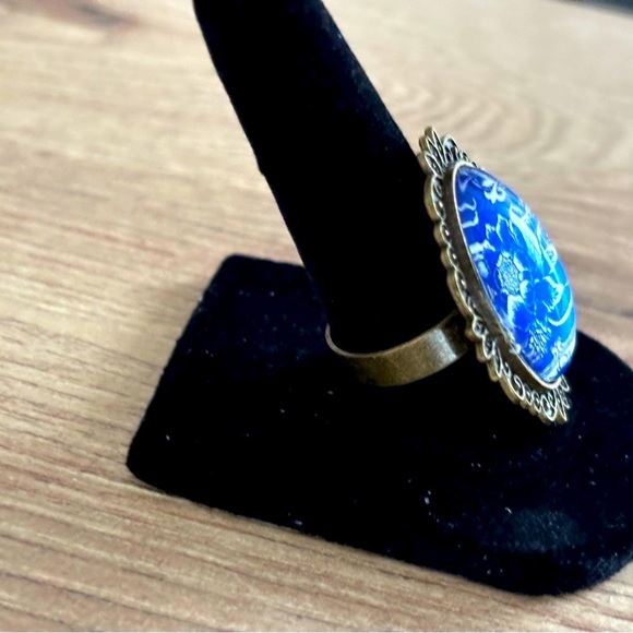 Blue and White Floral Print Victorian Style Adjustable Ring, Handmade, N… - Picture 4 of 4